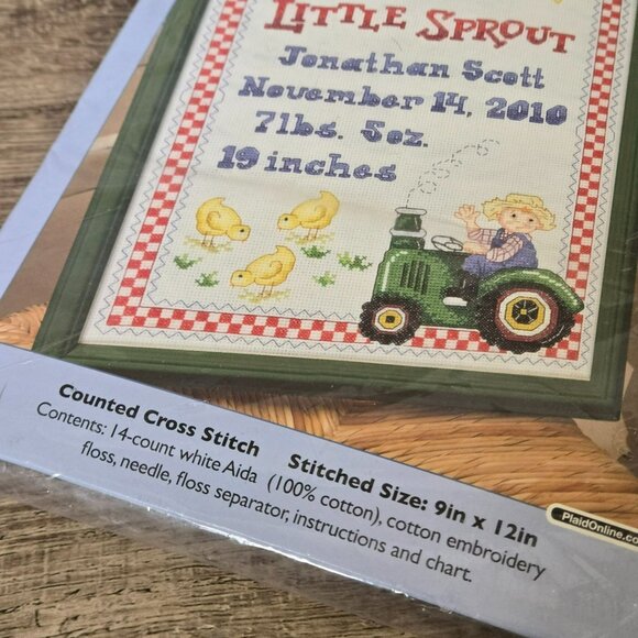 Bucilla Plaid On The Farm Birth Record Counted Cross Stitch 9x12 Kit Tractor - Picture 3 of 6